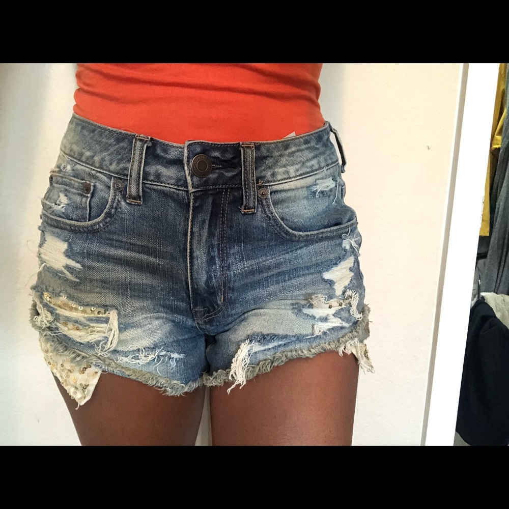 High waisted jean distressed jean shorts.
